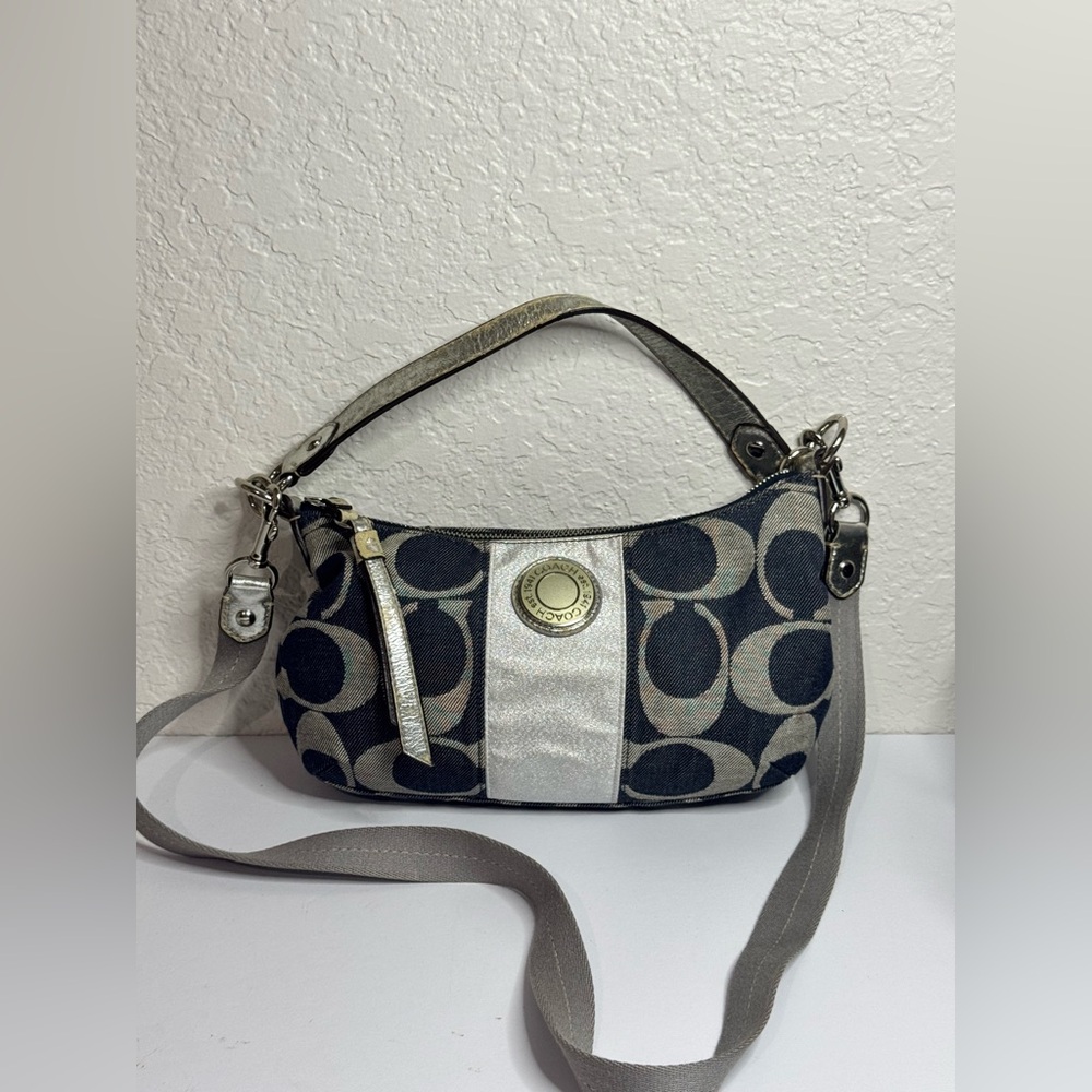 Coach Blue/Grey Signature Stripe Canvas Shoulder Crossbody Bag